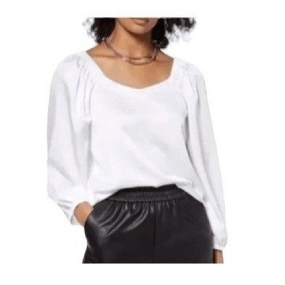 Halogen Puff Sleeve Blouse White Sweetheart‎ Neck Elastic Shoulders